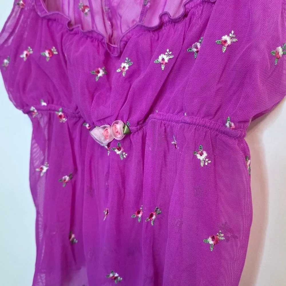 Victoria's Secret Sheer Fushia Purple Floral Lingerie Chemise Ruffle Size Medium